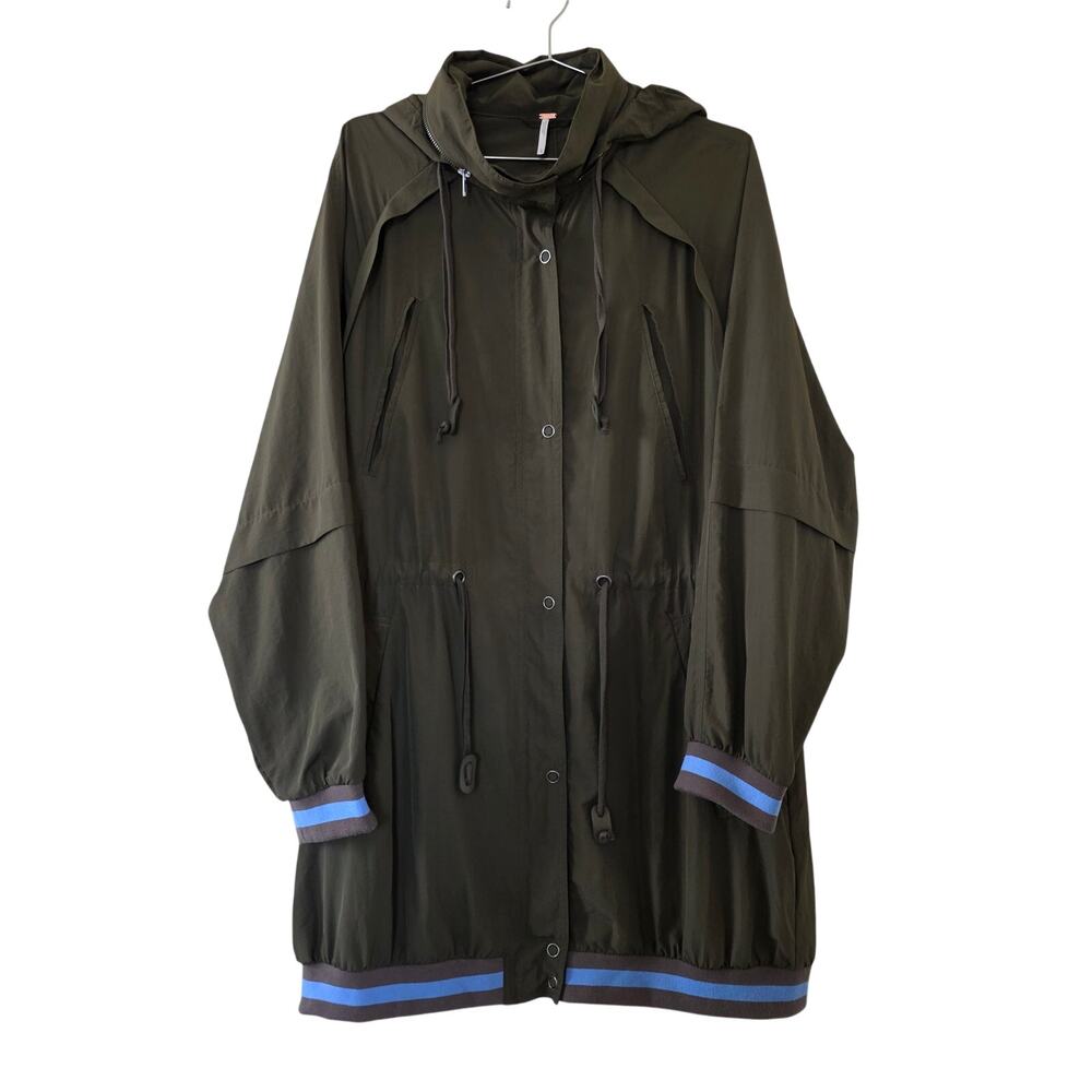 Free People Hooded Anorak Jacket Olive Green Womens Size L Long Parka Drawstring
